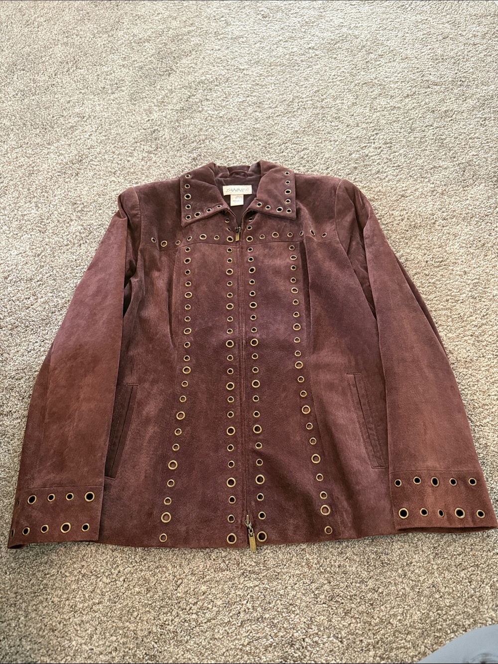 Tanner Womens Jacket burgundy suede garment accented gold-toned grommets size 12